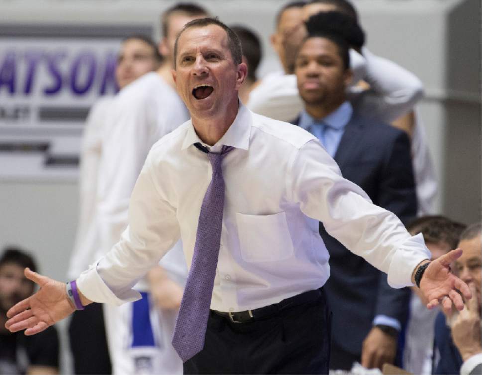 Rick Egan  |  The Salt Lake Tribune

Weber State Wildcats head coach Randy Rahe reacts to a goal-tending call by the official, in basketball action, Weber State Wildcats vs Utah Valley Wolverines, n Ogden, Saturday, December 17, 2016.