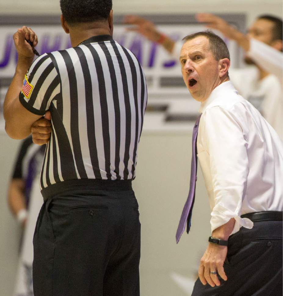 Rick Egan  |  The Salt Lake Tribune

Weber State Wildcats head coach Randy Rahe reacts to a call by the official, in basketball action iWeber State Wildcats vs Utah Valley Wolverines, n Ogden, Saturday, December 17, 2016.