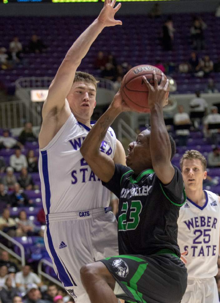 Rick Egan  |  The Salt Lake Tribune

Utah Valley Wolverines guard Brandon Randolph (23) takes the ball inside, as Weber State Wildcats guard McKay Cannon (24) defends, in basketball action, Weber State Wildcats vs Utah Valley Wolverines, n Ogden, Saturday, December 17, 2016.