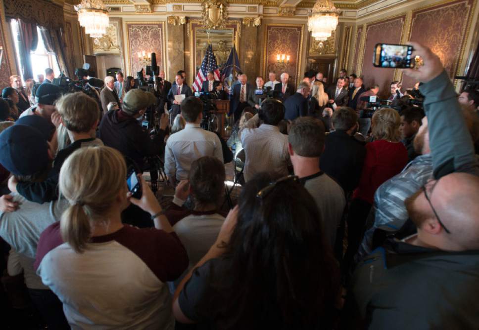 Steve Griffin / The Salt Lake Tribune


Utah elected officials gather in the Gold Room at the Utah State Capitola for t a press conference were the leaders urged President Obama to not designate Bears Ears as a national monument in Salt Lake City Monday December 19, 2016.