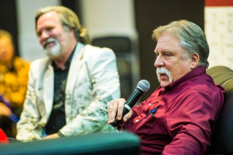 Chris Detrick  |  The Salt Lake Tribune
Salt Lake Tribune columnist Robert Kirby and cartoonist Patrick F. Bagley speak at The Falls Event Center Tuesday December 20, 2016.