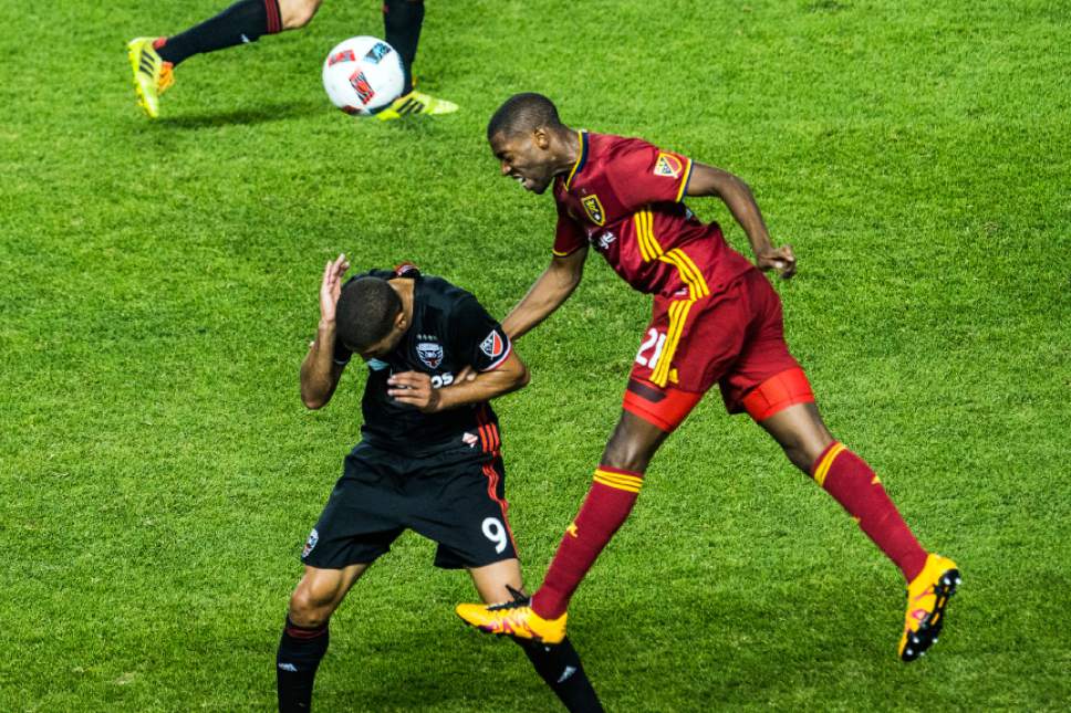 Chris Detrick  |  The Salt Lake Tribune
D.C. United forward Alvaro Saborio (9) and Real Salt Lake defender Aaron Maund (21) go for the ball during the game at Rio Tinto Stadium Friday July 1, 2016.