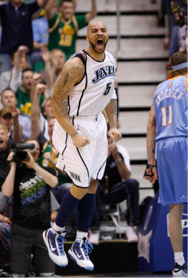 Trent Nelson | The Salt Lake Tribune

Utah Jazz's Carlos Boozer (5) reacts as the Jazz face the Nuggets during in the third game of the first round playoff series at EnergySolutions Arena Friday, April 23, 2010.