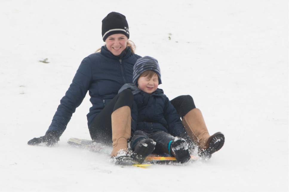Rick Egan  |  The Salt Lake Tribune

Anne Archer, and her four-year-old Knox, sled down a hill at Sugarhouse Park, Friday, December 23, 2016.