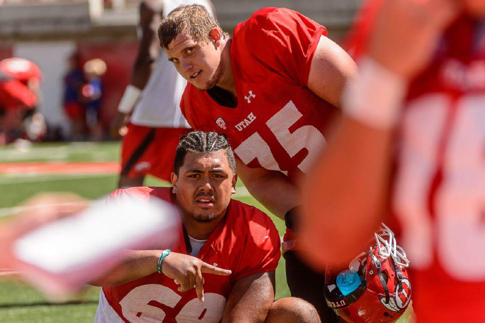 Trent Nelson  |  The Salt Lake Tribune
Utah's Lo Falemaka (69) and Nick Nowakowski (75) photobomb an interview after football practice, Friday August 12, 2016.