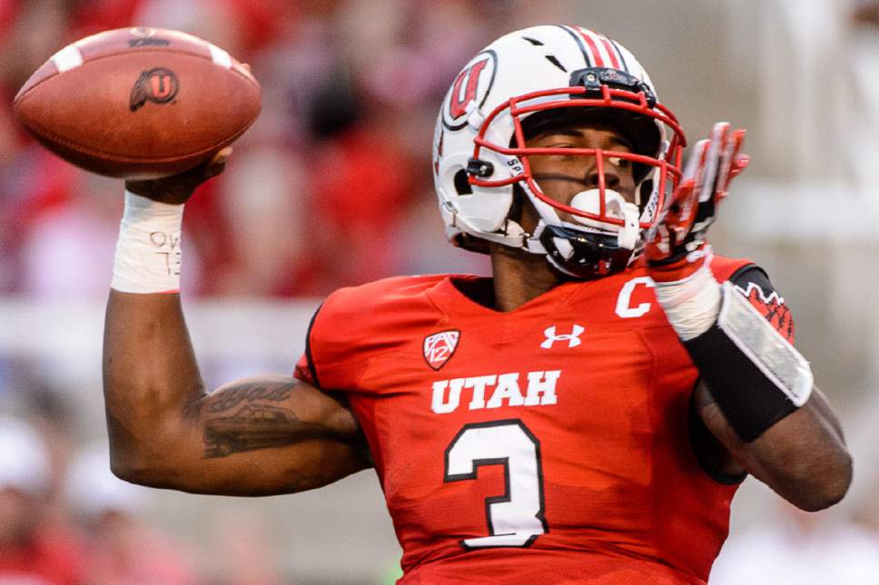 Trent Nelson  |  The Salt Lake Tribune
Utah Utes quarterback Troy Williams (3) throws the ball for a first down as the University of Utah Utes host the Southern Utah University Thunderbirds, NCAA football at Rice-Eccles Stadium in Salt Lake City, Thursday September 1, 2016.