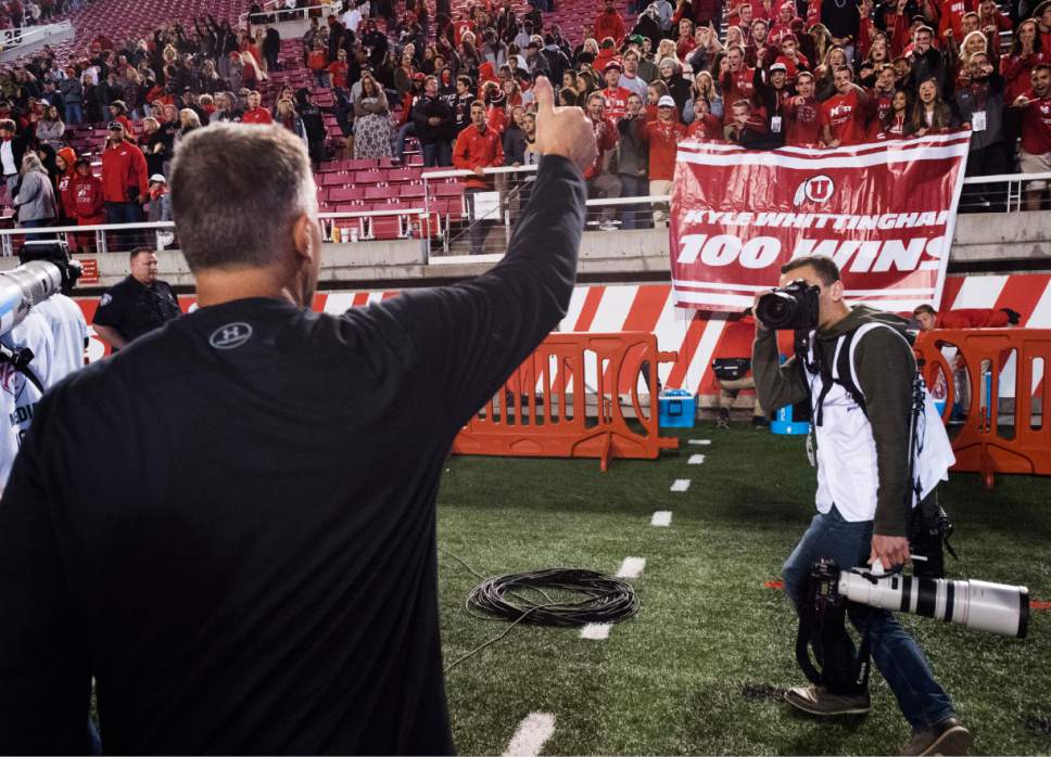 Rick Egan  |  The Salt Lake Tribune

Utah Utes head coach Kyle Whittingham recognizes the MUSS, as they chant his name, after his 100th win, in PAC-12 football action, Utah vs. The Arizona Wildcats, at Rice-Eccles Stadium, Saturday, October 8, 2016.