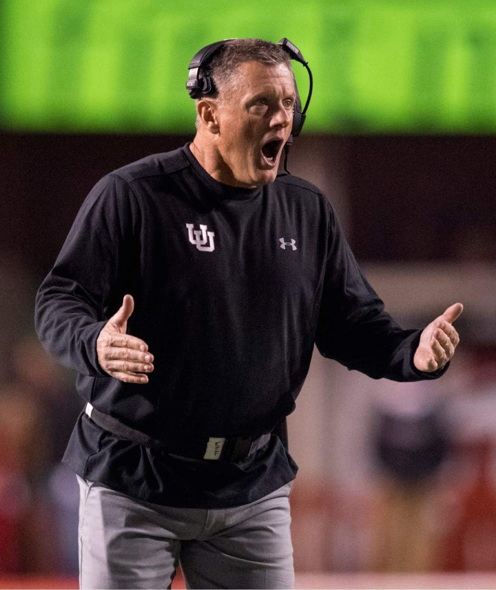 Rick Egan  |  The Salt Lake Tribune

Utah Utes head coach Kyle Whittingham reacts to a call by the official, in PAC-12 football action, Utah vs. The Arizona Wildcats, at Rice-Eccles Stadium, Saturday, October 8, 2016.
