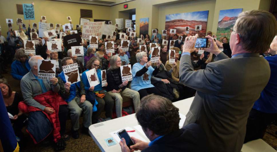 Steve Griffin  |  The Salt Lake Tribune
Pro- Bears Ears National Monument supporters hold up their Bears Ears signs during press conference at the Utah State Capitol Preservation Room in Salt Lake City Monday December 19, 2016.  Speakers included Chairman Shaun Chapoose, Ute Indian Tribe of the Uinta Ouray Reservation, Delegate Davis Filfred, Navajo Nation Council and Malcolm Lehi, former White Mesa representative of the Ute Mountain Ute Tribal Council.