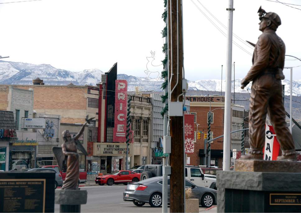 Al Hartmann  |  The Salt Lake Tribune
Statues of the Coal Miner Memorial sit prominently in the center of Price's Main street.   Businesses have suffered in the past few years with the closing of local mines and low demand for coal.  With the election of Donald Trump people in Carbon and Emery Counties breathed a sigh of relief and are hopeful that the coal industry can be saved.