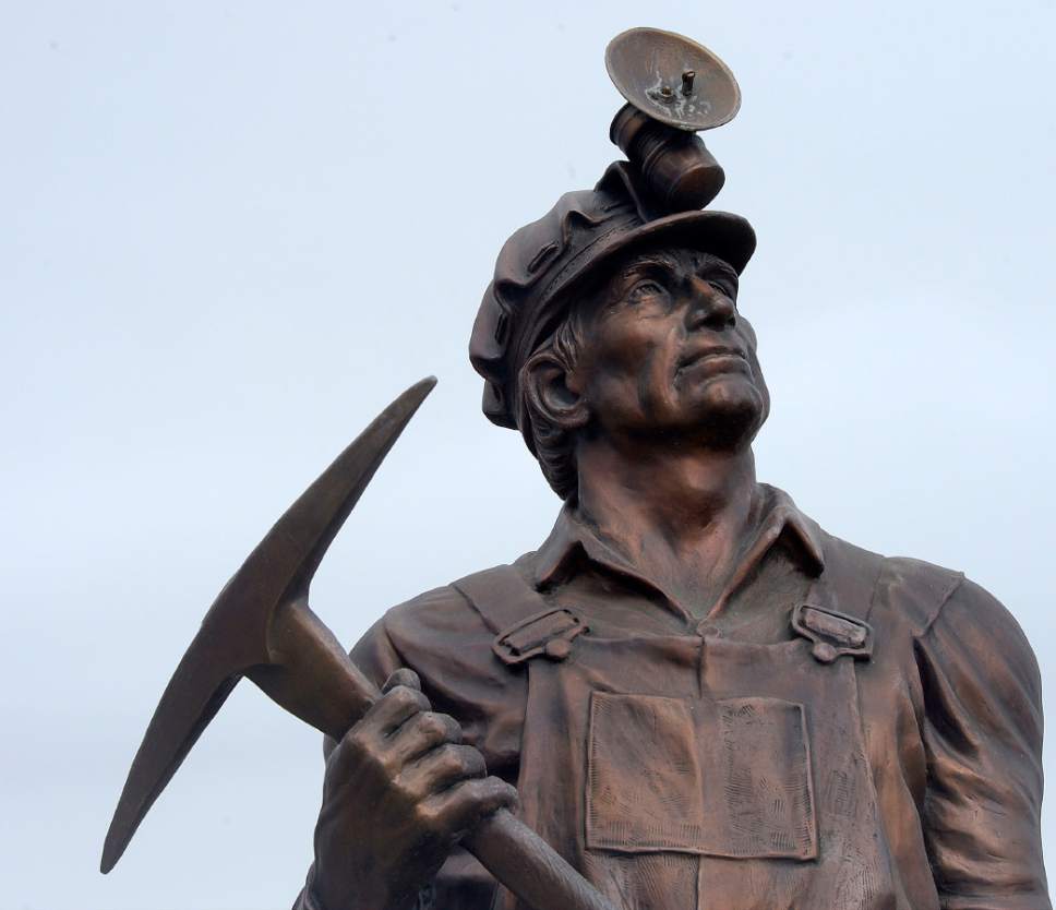 Al Hartmann  |  The Salt Lake Tribune
Local bronze artist Gary Prazen's sculpture of a strong coal miner looks skyward or maybe into the future in the Coal Miner's Memorial placed prominently along Price's Main Street. With the election of Donald Trump people in Carbon and Emery County breathed a sigh of relief and are hopeful that the coal industry can be saved.