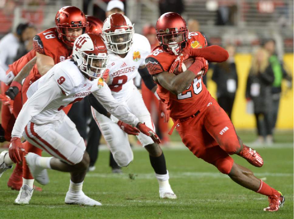 Steve Griffin / The Salt Lake Tribune

Utah Utes running back Joe Williams (28) heads up field as he gets free during the Foster Farms Bowl at Levi's Stadium in Santa Clara California  Wednesday December 28, 2016.