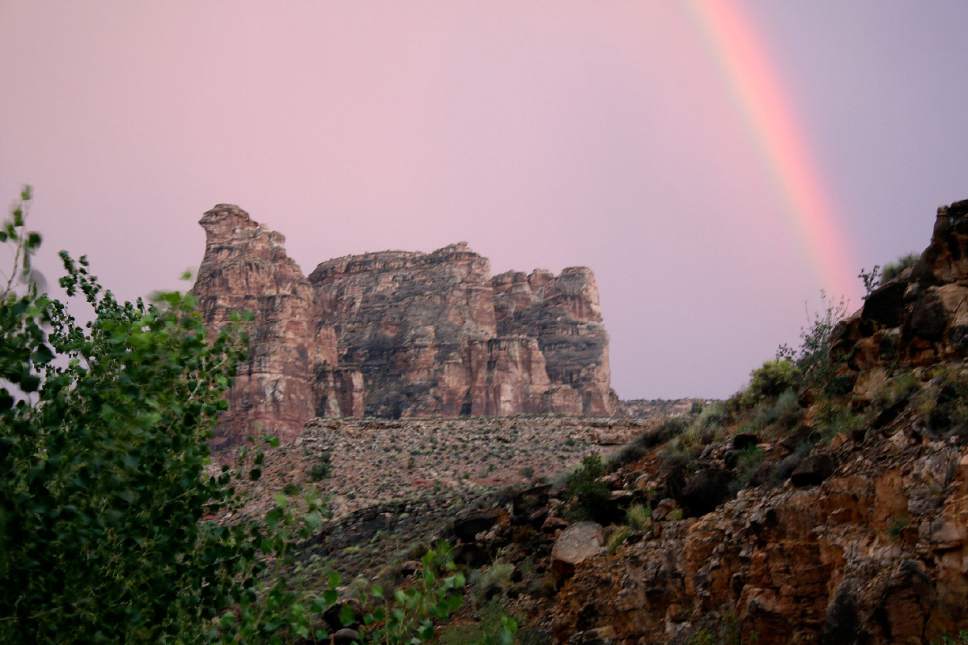 Al Hartmann  |  The Salt Lake Tribune 
Rainbow forms at the end of the day in Dark Canyon Wilderness in San Juan County.  The area is included for a proposed Bears Ears National Monument.