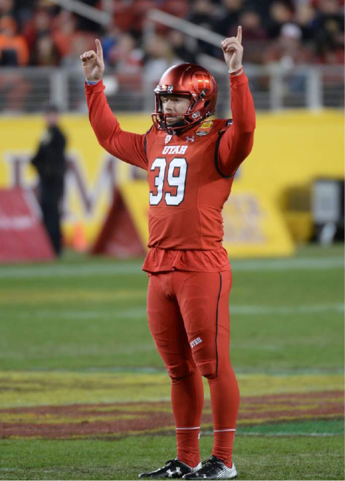 Steve Griffin / The Salt Lake Tribune

Utah Utes place kicker Andy Phillips (39) signals that his field goal is good during the Foster Farms Bowl at Levi's Stadium in Santa Clara California  Wednesday December 28, 2016.
