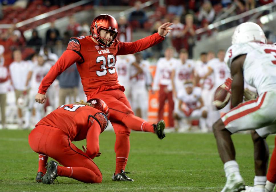 Steve Griffin / The Salt Lake Tribune

Utah Utes place kicker Andy Phillips (39) kicks the go ahead field goal late in the game during the Foster Farms Bowl at Levi's Stadium in Santa Clara California  Wednesday December 28, 2016.