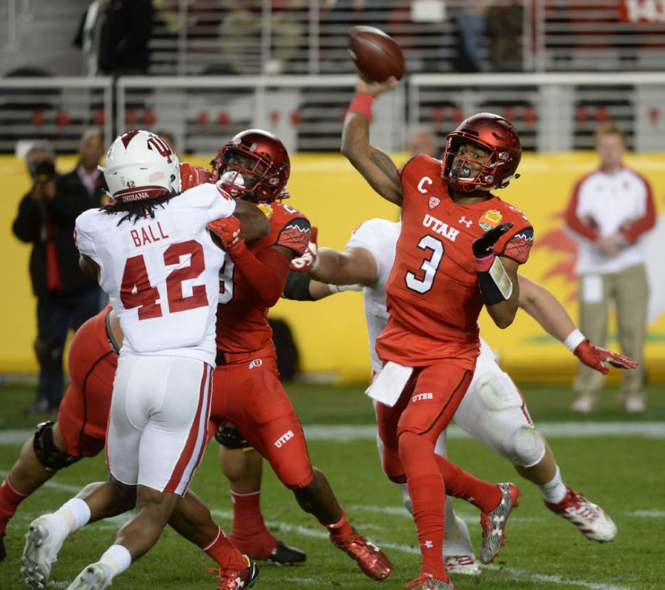 Steve Griffin / The Salt Lake Tribune

Utah Utes quarterback Troy Williams fires a pass downfield during the Foster Farms Bowl at Levi's Stadium in Santa Clara California  Wednesday December 28, 2016.