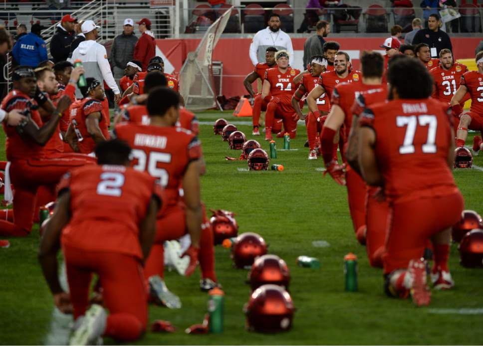 Steve Griffin / The Salt Lake Tribune

The Utah Utes and Indiana Hoosiers  warm up prior to the start of the Foster Farms Bowl at Levi's Stadium in Santa Clara California  Wednesday December 28, 2016.
