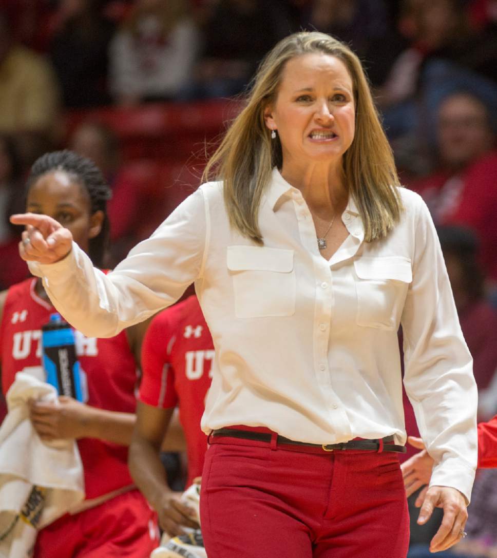 Rick Egan  |  The Salt Lake Tribune

Utah head coach Lynne Roberts complains about a call by the officials, in Basketball action, Brigham Young Cougars vs. the Utah Utes, Saturday, December 10, 2016.