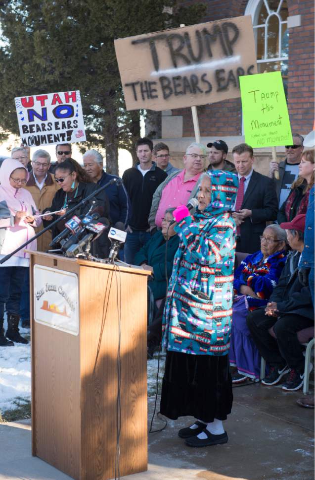 Rick Egan  |  The Salt Lake Tribune

Betty Jones speaks during a protest of the new Bears Ears Monument in Monticello, Thursday, December 29, 2016.