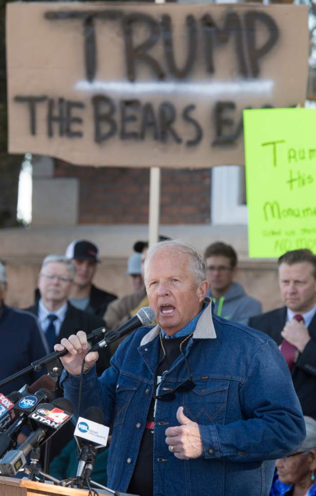 Rick Egan  |  The Salt Lake Tribune

Mike Noel stirs up the crowd, during a protest of the new Bears Ears Monument in Monticello, Thursday, December 29, 2016.