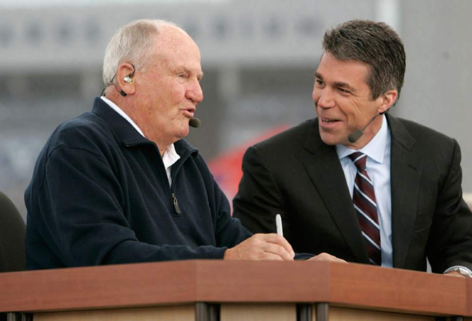 |  Tribune File Photo

Former BYU football coach LaVell Edwards, left, and Chris Fowler talk during a broadcast of ESPN's College GameDay pregame show Saturday, October 24 2009 next to LaVell Edwards Stadium at Brigham Young University in Provo. Hundreds of college football fans turned out for the airing of ESPN's College GameDay pregame show prior to the BYU-TCU matchup where host Lee Corso picked the winner to be TCU.