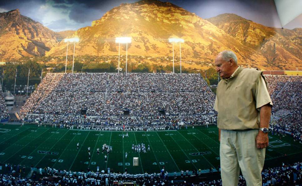 Francisco Kjolseth  |  The Salt Lake Tribune

Legendary BYU football coach LaVell Edwards, who retired from coaching 10 years ago is seen before a wall mural photograph of the stadium that was named in his honor during a stop at the BYU Student Athlete Building on the BYU campus on Tuesday, May 18, 2010.