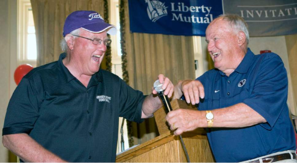 Al Hartmann  |  The Salt Lake Tribune

Former Utah football coach and now Weber State University Coach Ron McBride, left, trades barbs with his old friend former BYU Coach LaVell Edwards at the Liberty Mutual Invitational BYU-Utah golf outing at the Salt Lake Country Club Monday June 6, 2011.