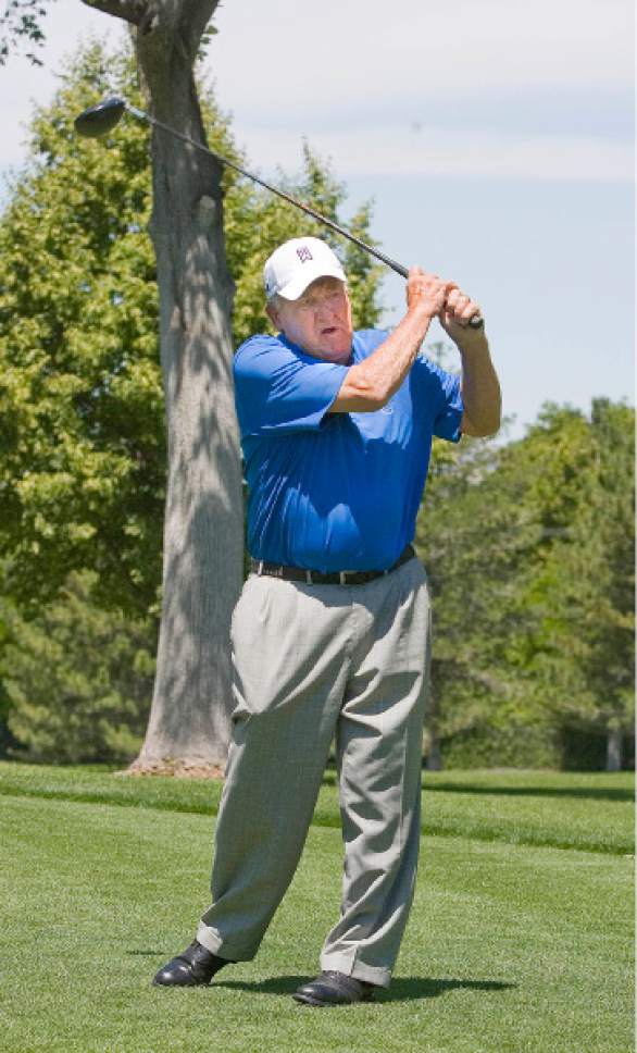 |  Tribune File Photo

BYU legendary coach, LaVell Edwards hits a tee shot at the annual Coaches Rivalry for Charity at The Salt Lake Country Club on Monday, June 11, 2012.