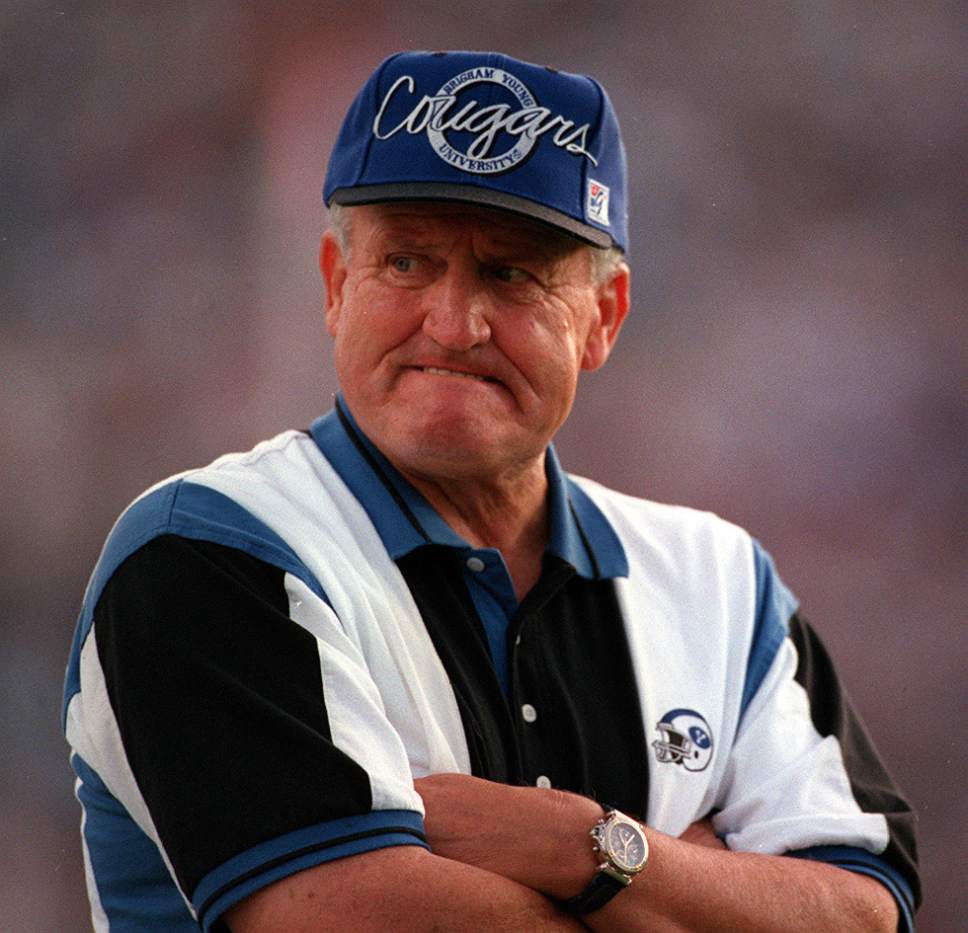 Steve Griffin  |  The Salt Lake Tribune

BYU head coach LaVell Edwards isn't all smiles during Utah-BYU game in 1995.