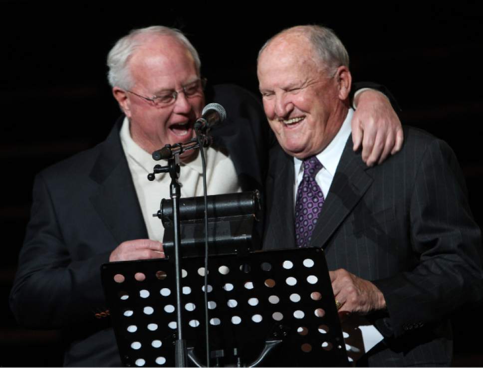Rick Egan  | The Salt Lake Tribune 

Legendary coaches Ron McBride and Lavell Edwards have a laugh as they do a special holiday reading during the 27th annual Christmas Singalong at EnergySolutions Center, Monday, December 17, 2012.