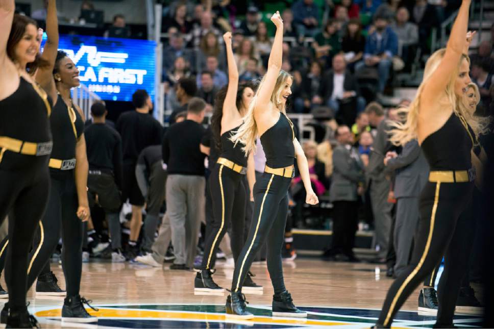 Lennie Mahler  |  The Salt Lake Tribune

The America First Jazz Dancers perform during timeout in the first half of a game Saturday, Dec. 31, 2016, at Vivint Smart Home Arena in Salt Lake City.