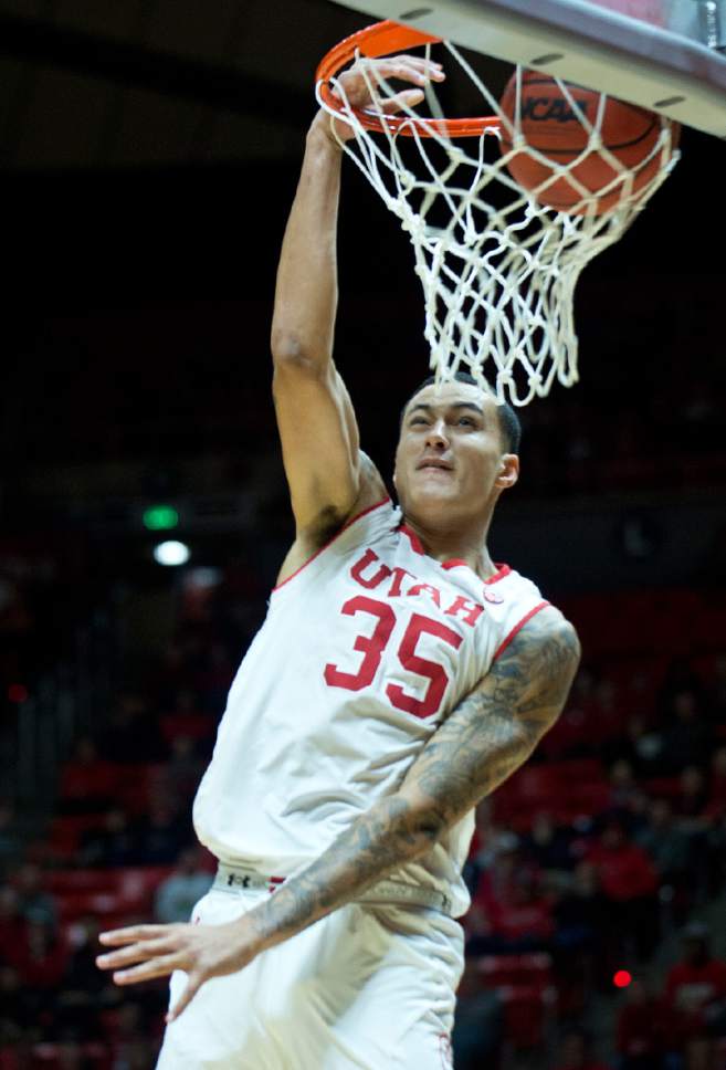 Lennie Mahler  |  The Salt Lake Tribune

Utah forward Kyle Kuzma elevates for a dunk as he is left alone in the second half of a game against the Colorado Buffaloes on Sunday, Jan. 1, 2017, at the Huntsman Center in Salt Lake City.