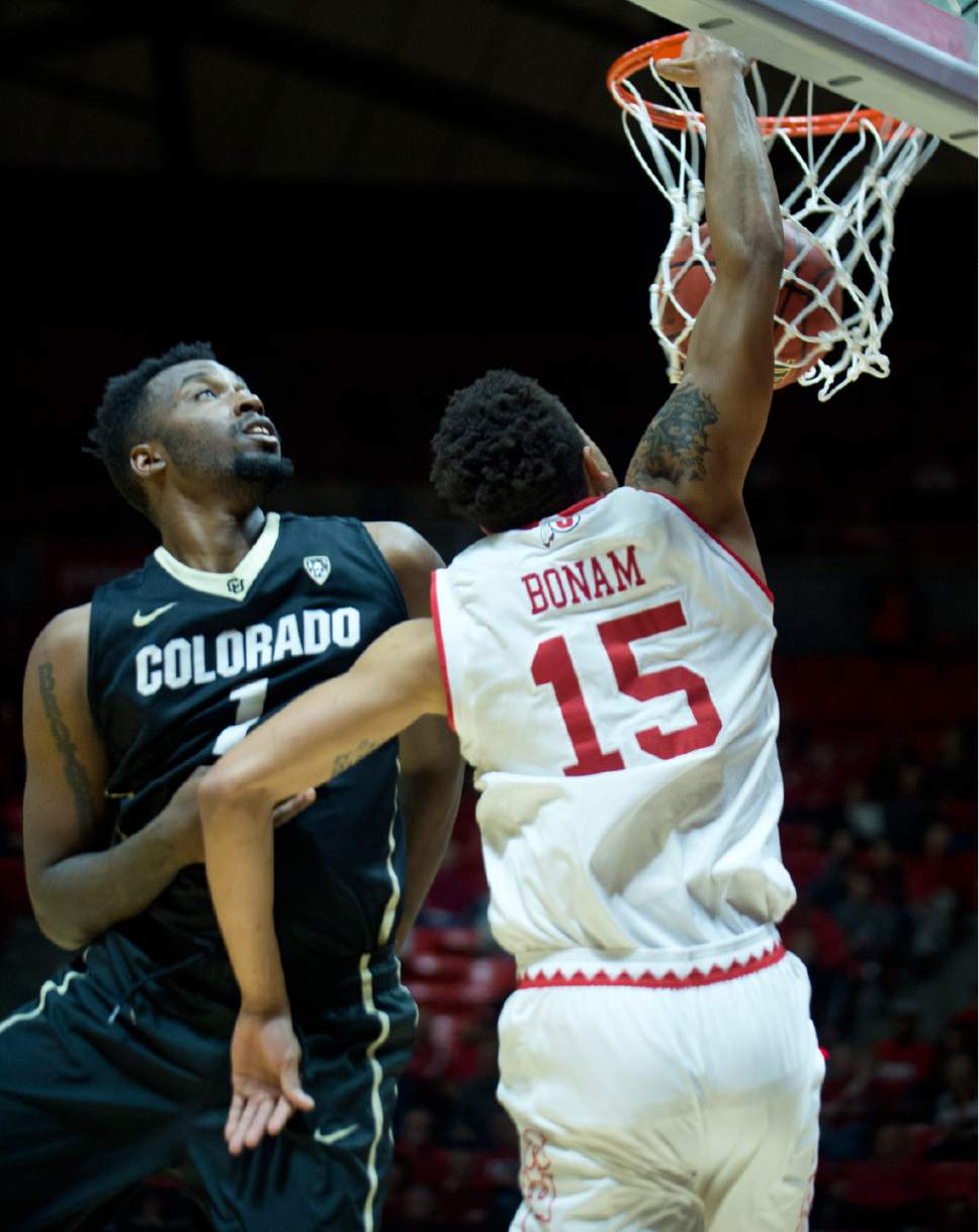 Lennie Mahler  |  The Salt Lake Tribune

Utah guard Lorenzo Bonam elevates for a dunk over Colorado's Wesley Gordon in the second half of a game against the Colorado Buffaloes on Sunday, Jan. 1, 2017, at the Huntsman Center in Salt Lake City.