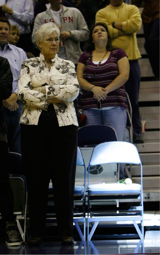Trent Nelson  |  Tribune file photo

Gail Miller stands next to the courtside chair of her late husband, Larry H. Miller, during a pregame tribute to the Jazz owner Saturday February 21, 2009. Larry H. Miller died the day before.