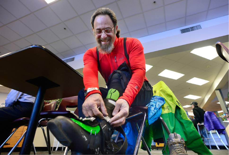 Scott Sommerdorf   |  The Salt Lake Tribune  
Randy Poster who has been skiing at Alta for years  gets into his boots at the Albion Grill at Alta, early Sunday morning, January 1, 2017.