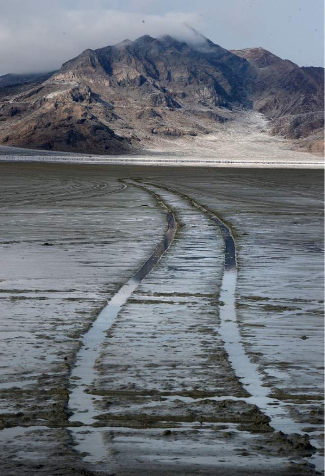 Steve Griffin / The Salt Lake Tribune
Car tracks in the mud at the end of the road at Bonneville Salt Flats International Speedway Monday January 2, 2017.