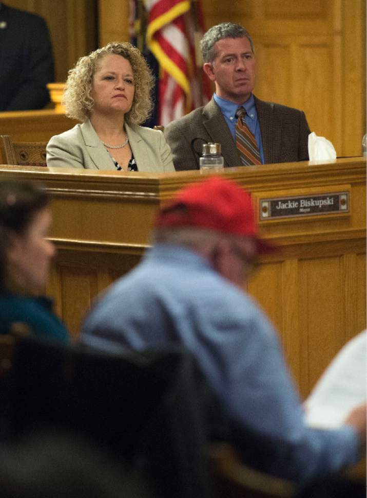 Steve Griffin  |  The Salt Lake Tribune
Salt Lake City Mayor Jackie Biskupski sits with Patrick Leary, Salt Lake City Chief of Staff, during the Salt Lake City Council's first meeting of the year. as part of the meeting residents who live near four new proposed homeless shelters shared their feelings with the Council and the mayor at the City and County Building in Salt Lake City Tuesday January 3, 2017.