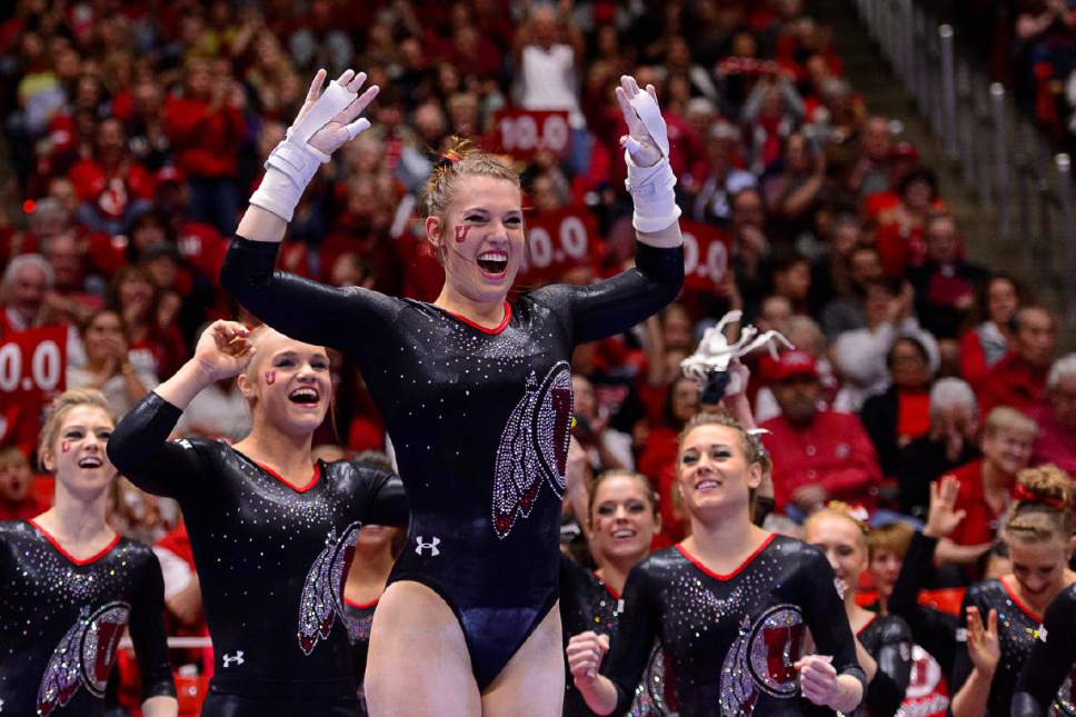 Trent Nelson  |  The Salt Lake Tribune
Utah's Baely Rowe competes on the bars as Utah hosts George, NCAA gymnastics at the Huntsman Center in Salt Lake City, Saturday March 12, 2016.