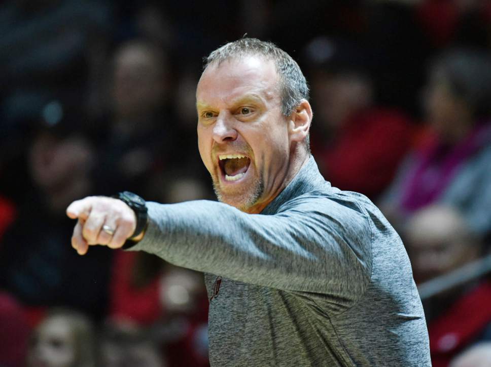 Lennie Mahler  |  The Salt Lake Tribune

Utah head coach Larry Krystkowiak calls an out-of-bounds play in the second half of a game against the Colorado Buffaloes on Sunday, Jan. 1, 2017, at the Huntsman Center in Salt Lake City.