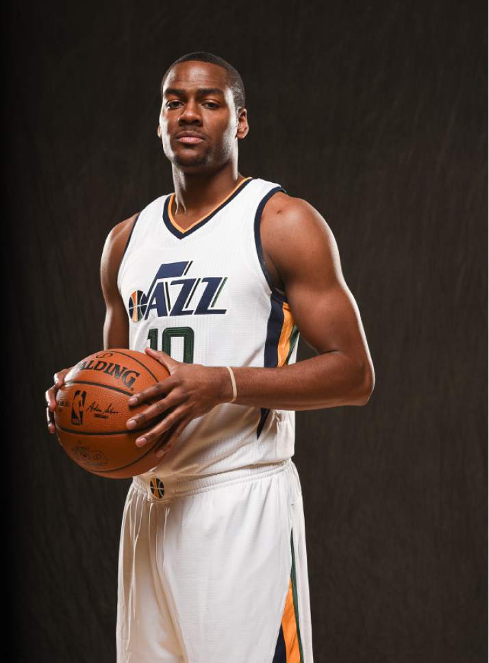 Francisco Kjolseth | The Salt Lake Tribune
Alec Burks joins teammates as the Utah Jazz opens training camp with media day for players at the team's training facility in Salt Lake on Monday, Sept. 26, 2016.