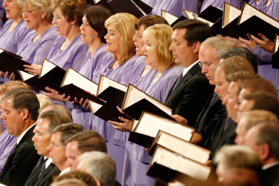 Scott Sommerdorf  |  The Salt Lake Tribune
The Mormon Tabernacle Choir sings after LDS President Thomas Monson concluded his remarks near the end of the morning session of the 179th Semiannual General Conference of The Church of Latter-day Saints on Sunday.
