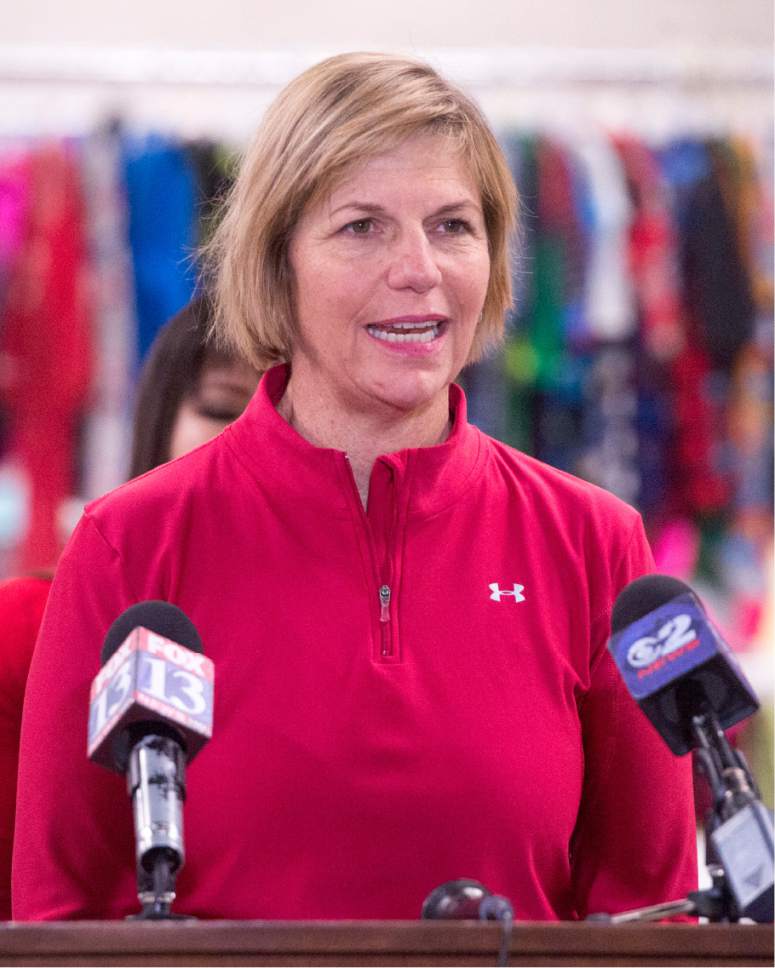 Rick Egan  |  The Salt Lake Tribune

Lisa Adams, Chair, RDA, speaks at a press conference at the Candy Cane Corner, which gives homeless families an opportunity to shop for Christmas, Friday, December 2, 2016.