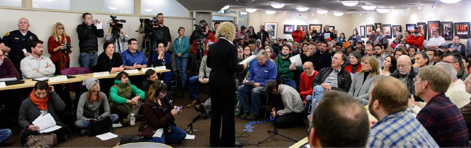 Trent Nelson  |  The Salt Lake Tribune
Salt Lake City Mayor Jackie Biskupski speaks to an overflow crowd and the Sugar House Community Council at the Sprague Library in Salt Lake City on Wednesday, Jan. 4, 2017. The meeting hosted city officials who addressed the proposed shelter at 653 E. Simpson Ave. that Biskupski said Tuesday could conceivably be "rethought," even if the city hasn't changed its mind.