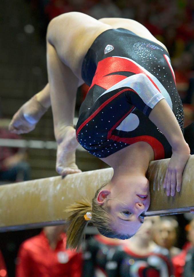 Leah Hogsten  |  The Salt Lake Tribune
Baely Rowe had a score of 9.90 on the beam.  University of Utah women's gymnastics team defeated Arizona State, Friday, February 6, 2015.