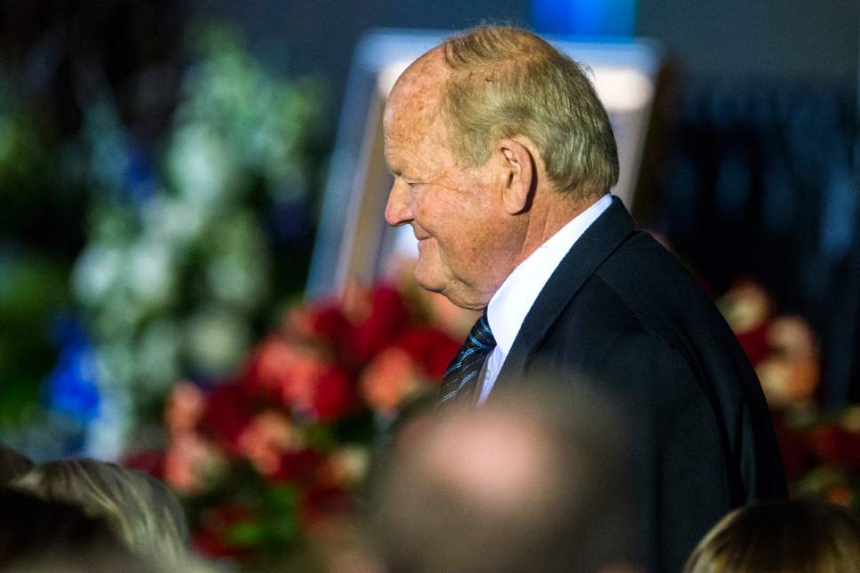 Chris Detrick  |  The Salt Lake Tribune
Wayne Edwards walks past the casket after praying during the public service for LaVell Edwards at Utah County Convention Center in Provo Friday January 6, 2017.