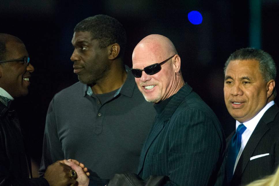 Chris Detrick  |  The Salt Lake Tribune
Adam Haysbert, Leon White, Jim McMahon and Vai Sikahema attend the public service for LaVell Edwards at Utah County Convention Center in Provo Friday January 6, 2017.