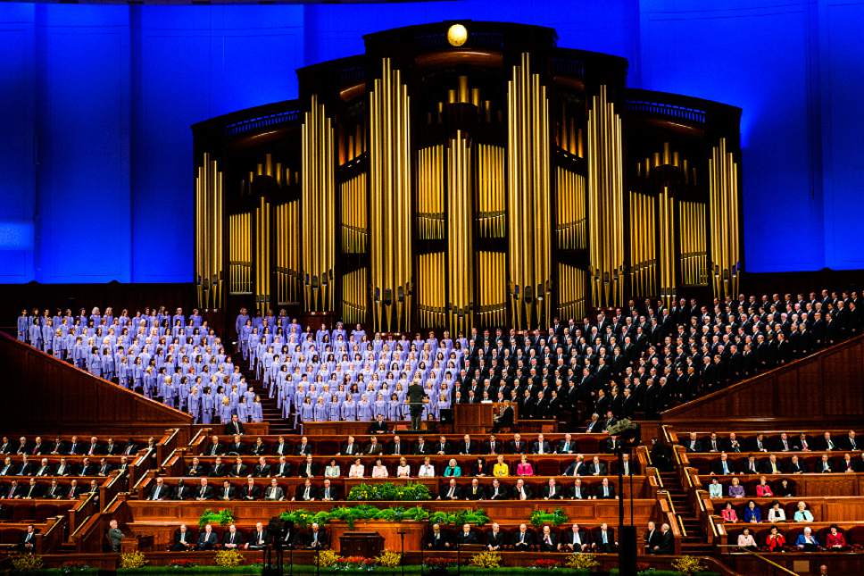 Chris Detrick  |  The Salt Lake Tribune
Members of the Mormon Tabernacle Choir sing during the 185th LDS General Conference Saturday April 4, 2015.