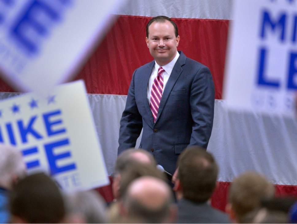 Leah Hogsten  |  The Salt Lake Tribune
Utah Sen. Mike Lee, R-Utah addresses his supporters at the American Preparatory campus in Draper, Saturday, March 19, 2016. Republican presidential candidate Texas Sen. Ted Cruz, R-Texas, Carly Fiorina and Glenn Beck were also in attendance.
