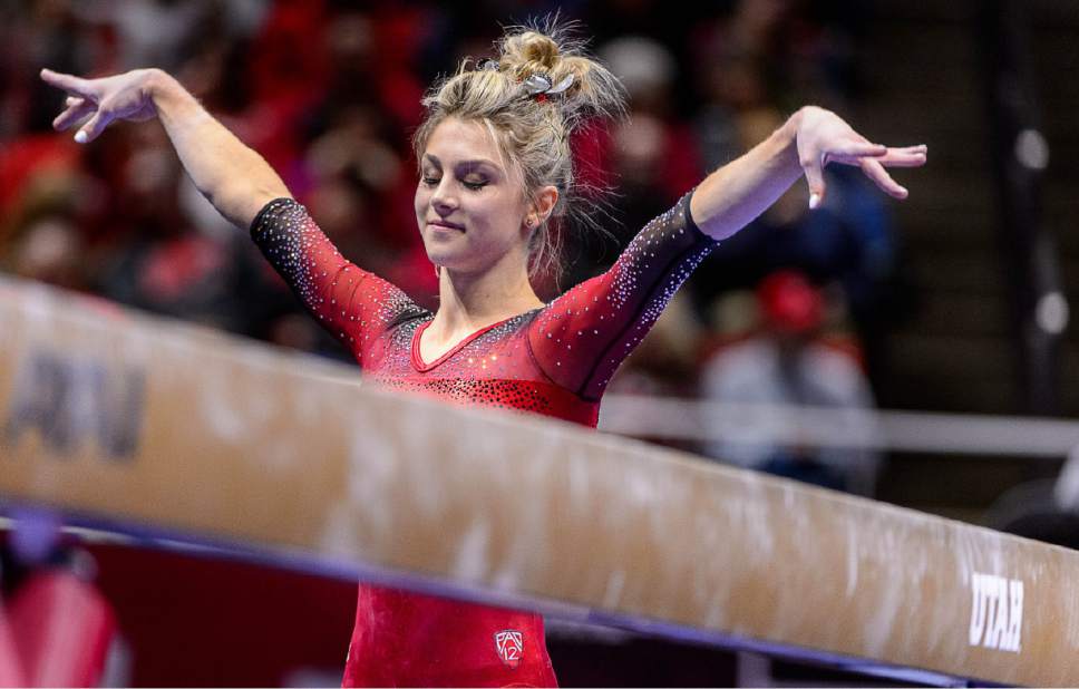 Trent Nelson  |  The Salt Lake Tribune
Sabrina Schwab on the beam as the University of Utah hosts Michigan, NCAA gymnastics at the Huntsman Center in Salt Lake City, Saturday January 7, 2017.