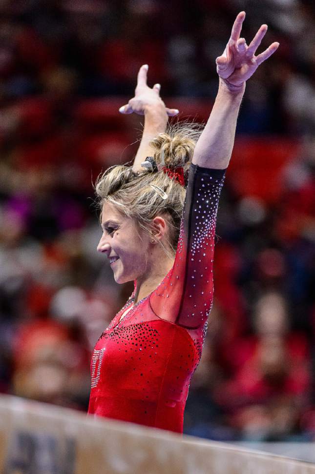 Trent Nelson  |  The Salt Lake Tribune
Sabrina Schwab on the beam as the University of Utah hosts Michigan, NCAA gymnastics at the Huntsman Center in Salt Lake City, Saturday January 7, 2017.